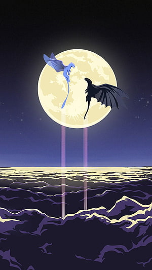 Toothless and Light Fury Silhouettes Against a Full Moon Over the Ocean HD phone wallpaper