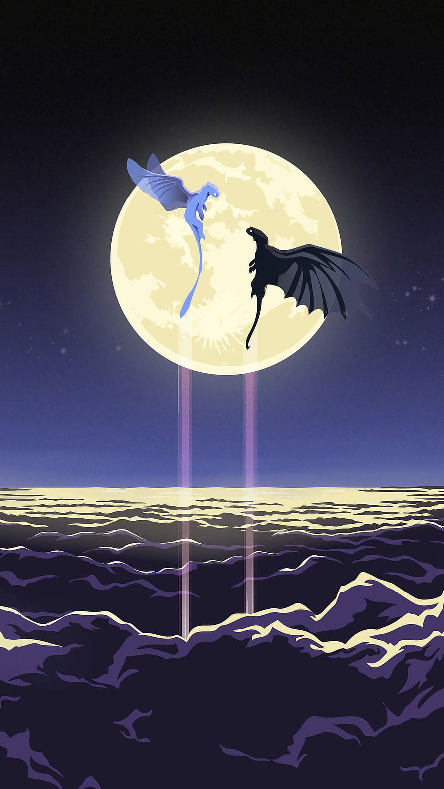 Toothless and Light Fury Silhouettes Against a Full Moon Over the Ocean HD phone wallpaper
