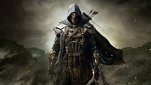 Hooded Warrior in Ornate Armor with Quiver and Sword in Misty Landscape HD wallpaper