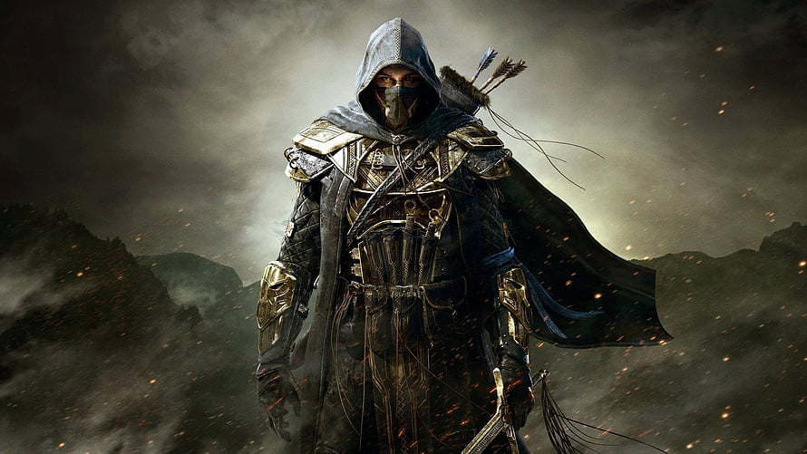 Hooded Warrior in Ornate Armor with Quiver and Sword in Misty Landscape HD wallpaper