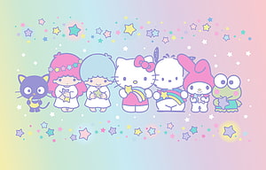 Sanrio Characters Holding Stars on Pastel Rainbow Background HD wallpaper