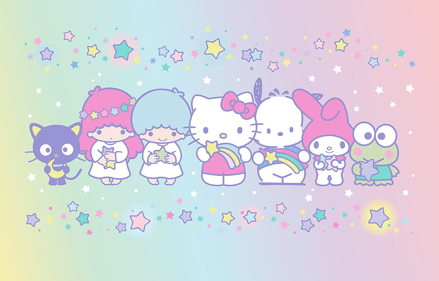 Sanrio Characters Holding Stars on Pastel Rainbow Background HD wallpaper