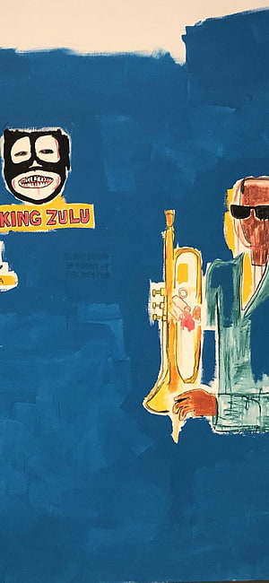 Jean-Michel Basquiat Painting of a Trumpet Player and King Zulu Mask HD phone wallpaper