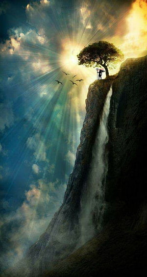 Lord Shiva Silhouette Standing on Cliff Edge with Waterfall and Divine Sun Rays HD phone wallpaper