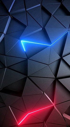 Dark Geometric Faceted Surface with Blue and Red Neon Light Lines HD phone wallpaper