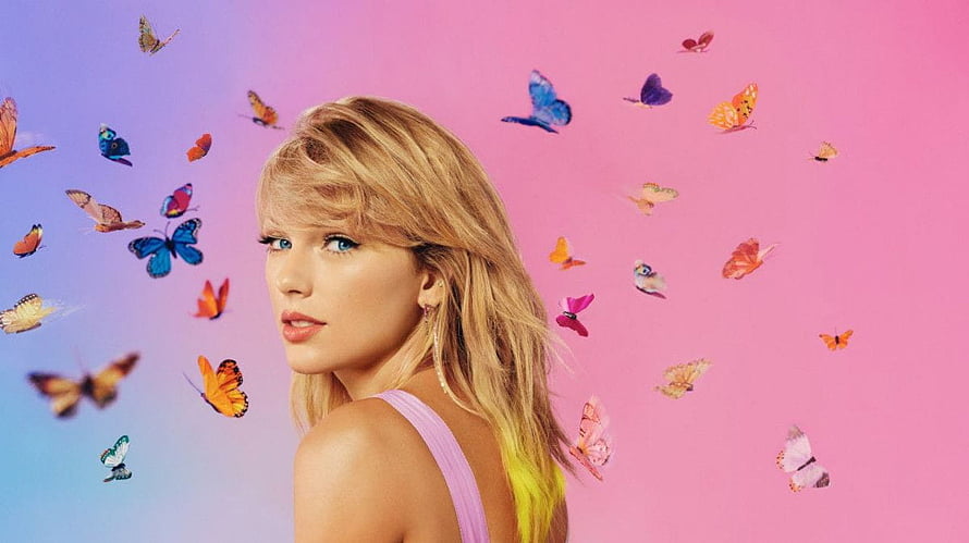 Taylor Swift Portrait With Colorful Butterflies On Pastel Pink Background HD wallpaper