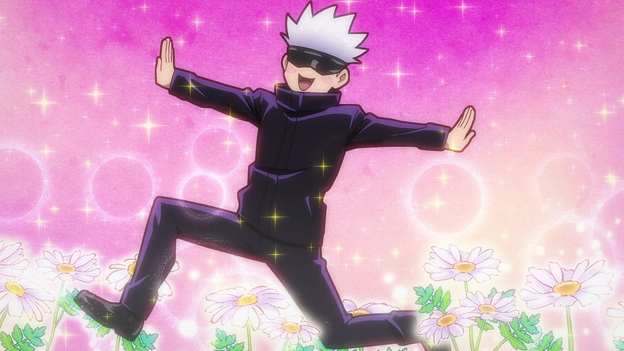 Gojo Satoru from Jujutsu Kaisen in a playful pose with daisies and a sparkling pink background HD wallpaper