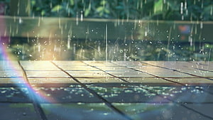 Makoto Shinkai Rainy Day Scene with Sunlit Wooden Deck and Lush Green Foliage HD wallpaper