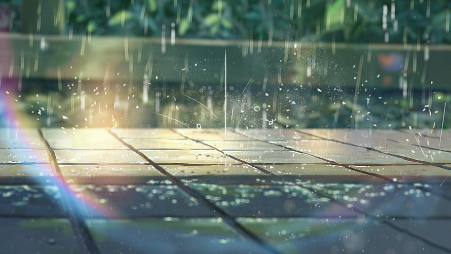 Makoto Shinkai Rainy Day Scene with Sunlit Wooden Deck and Lush Green Foliage HD wallpaper