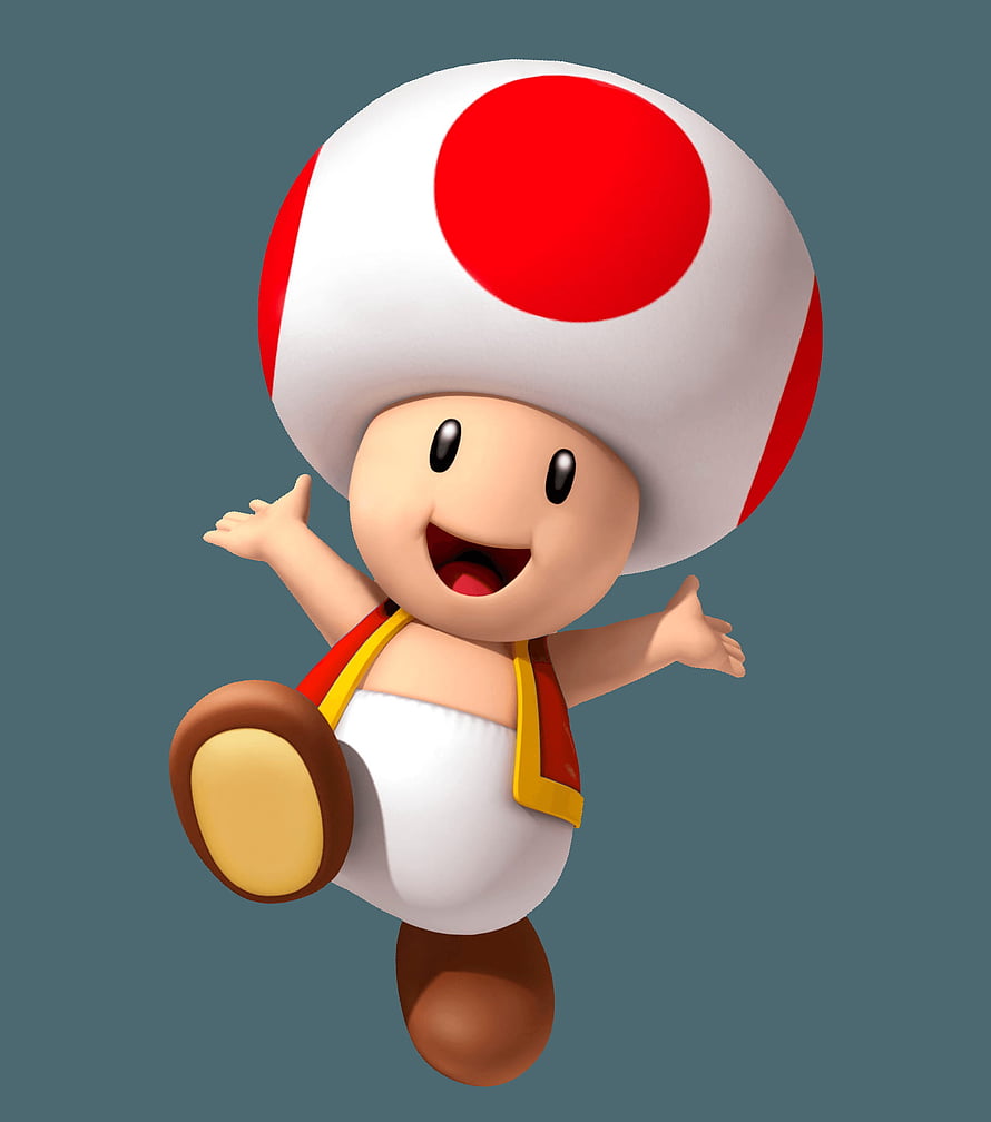 Cheerful Toad Character From Super Mario Jumping With Open Arms Against A Solid Slate Background HD phone wallpaper