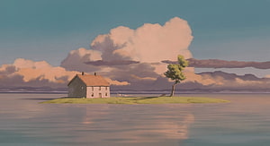 Spirited Away: Solitary Island Cottage with Lush Tree Under Dramatic Clouds HD wallpaper