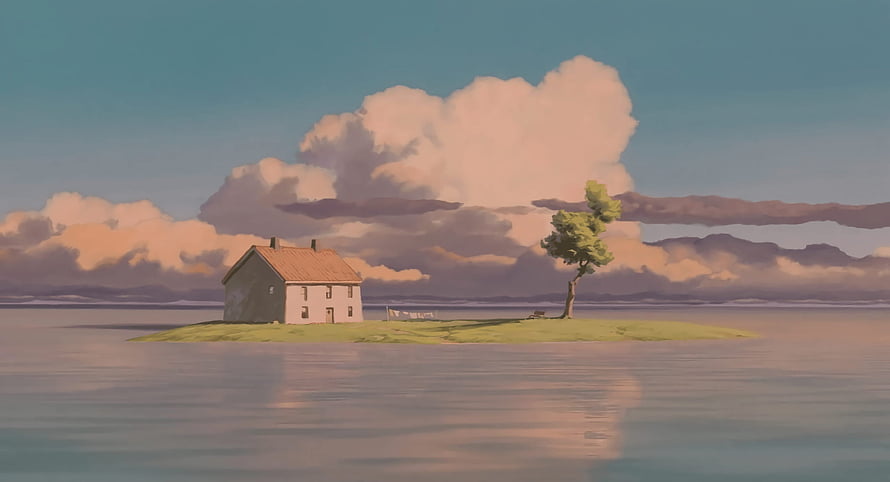 Spirited Away: Solitary Island Cottage with Lush Tree Under Dramatic Clouds HD wallpaper