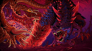 Brock Hofer Fantasy Artwork: Two Fierce Dragon Monsters in Crimson and Purple Hues HD wallpaper