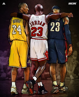 Kobe Bryant, Michael Jordan, and LeBron James Standing Together in Iconic NBA Jerseys HD phone wallpaper