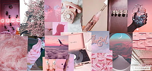 Aesthetic Pink Collage Featuring Gucci, Glossier, and Vintage Tech Elements HD wallpaper