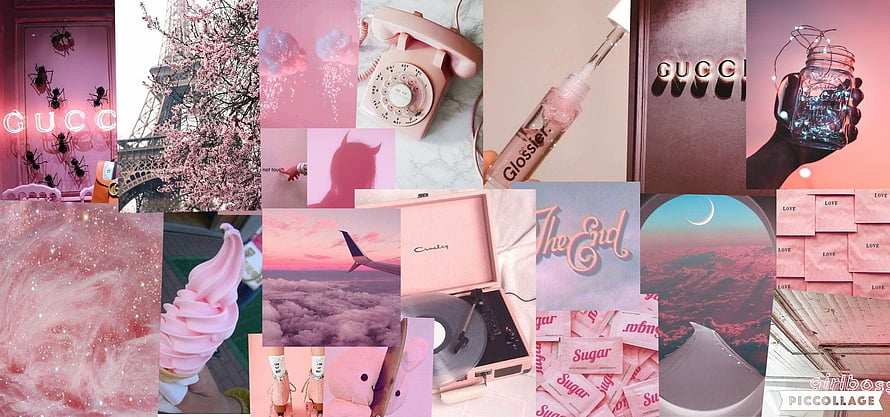 Aesthetic Pink Collage Featuring Gucci, Glossier, and Vintage Tech Elements HD wallpaper