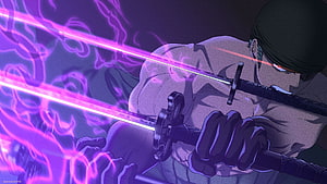 Roronoa Zoro Wielding Dual Swords with Purple Haki Energy in One Piece Anime HD wallpaper