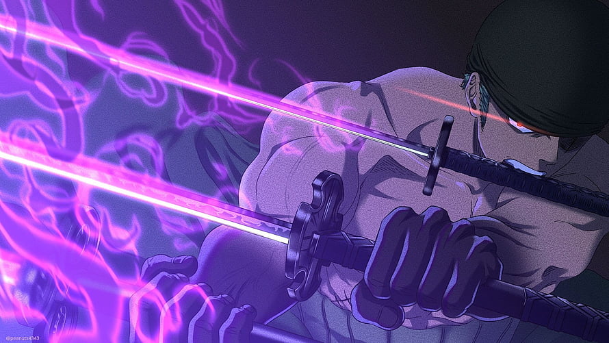 Roronoa Zoro Wielding Dual Swords with Purple Haki Energy in One Piece Anime HD wallpaper