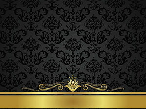Elegant Black and Gold Damask Pattern with Ornate Floral Motifs and Luxurious Banner HD wallpaper