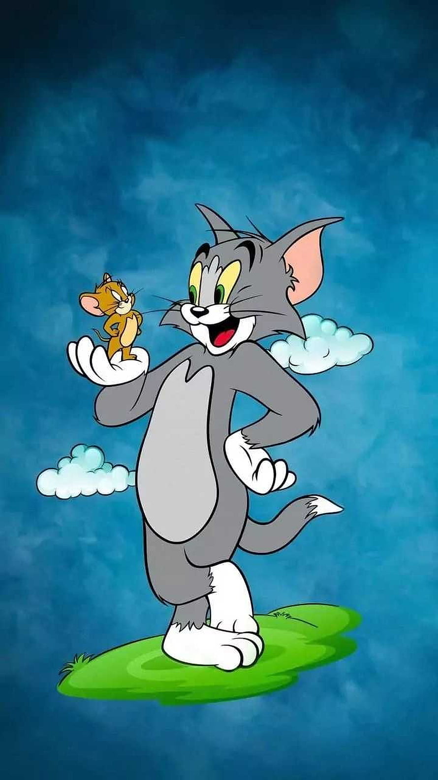 Tom and Jerry Classic Cartoon Characters Standing on a Floating Grass Patch in a Blue Sky HD phone wallpaper