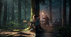 The Last of Us Part II Forest Scene with Guitar and Torch in Misty Woods HD wallpaper