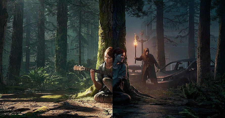 The Last of Us Part II Forest Scene with Guitar and Torch in Misty Woods HD wallpaper