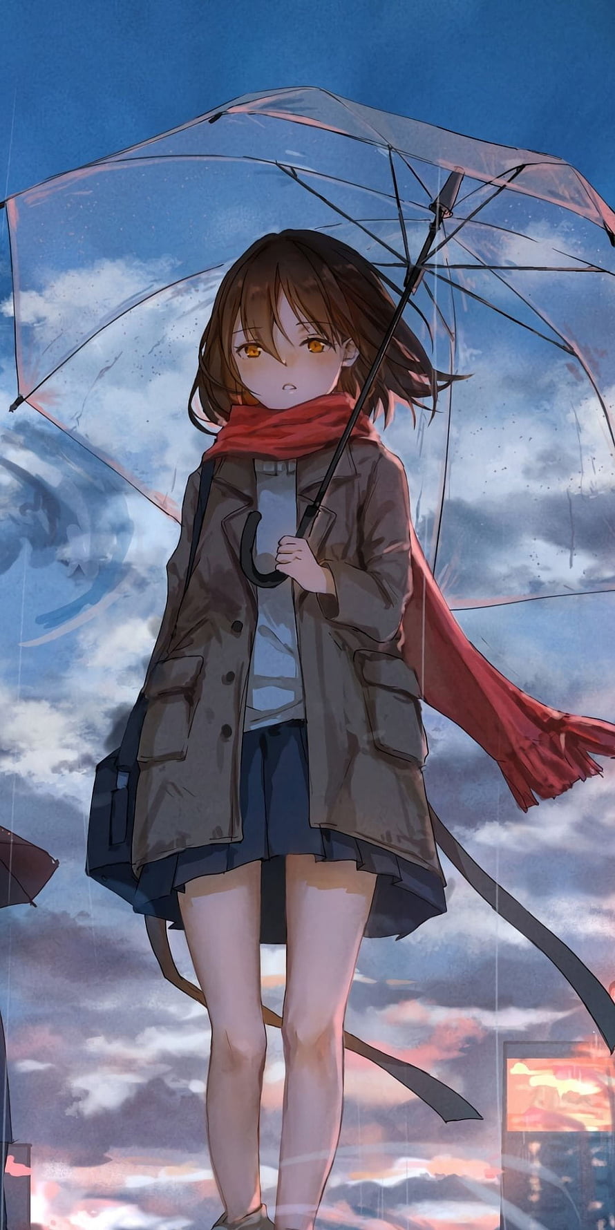 Anime Girl Standing in Rain with Transparent Umbrella and Red Scarf HD phone wallpaper