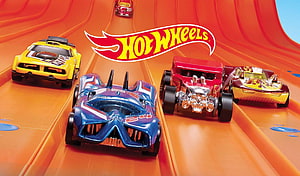 Hot Wheels Die-Cast Toy Cars Racing on Orange Track with Logo HD wallpaper