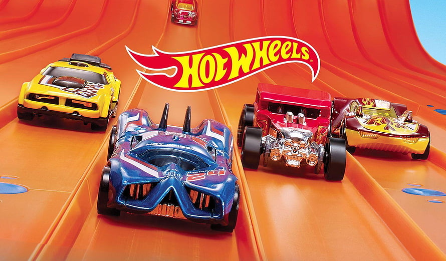 Hot Wheels Die-Cast Toy Cars Racing on Orange Track with Logo HD wallpaper