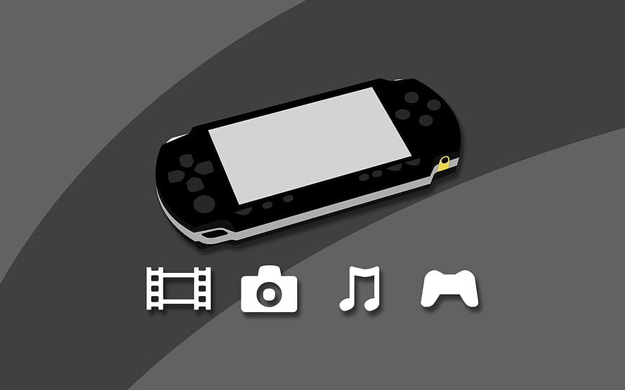 PSP Handheld Console Vector Illustration with Media and Gaming Icons on Dark Background HD wallpaper