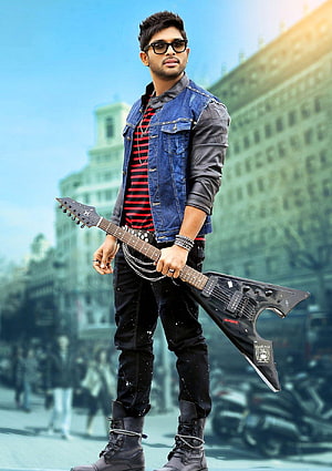 Allu Arjun in Rocker Outfit with Electric Guitar and Denim Jacket HD phone wallpaper