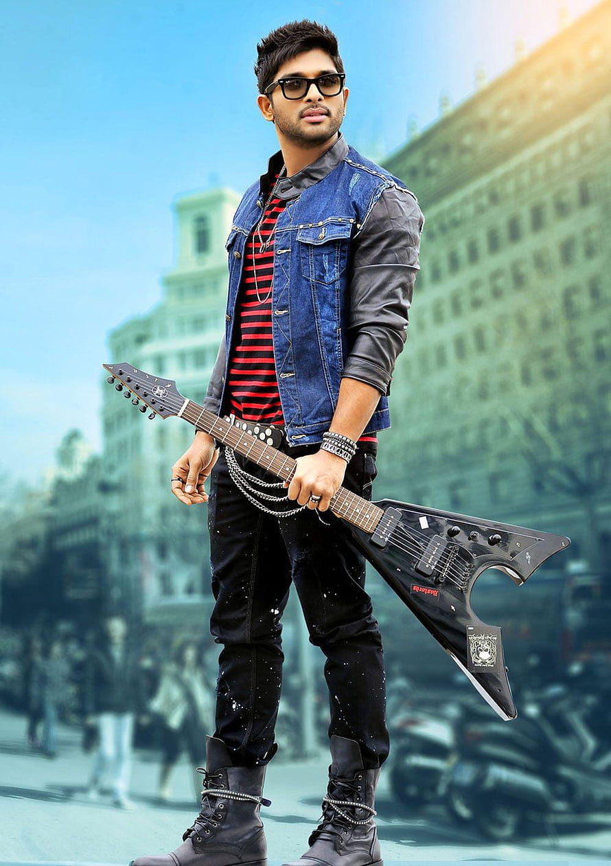 Allu Arjun in Rocker Outfit with Electric Guitar and Denim Jacket HD phone wallpaper