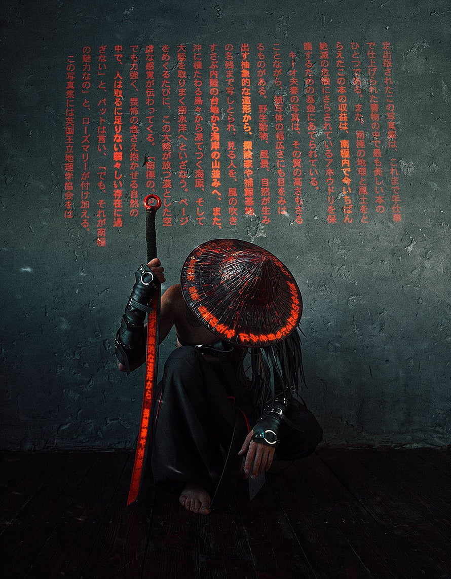 Cyber Samurai Warrior Crouching with Glowing Red Hat and Katana Against Dark Wall HD phone wallpaper