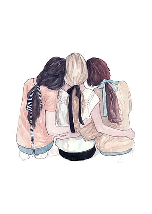 Watercolor Illustration of Three Friends Sitting Together with Arms Around Each Other HD phone wallpaper