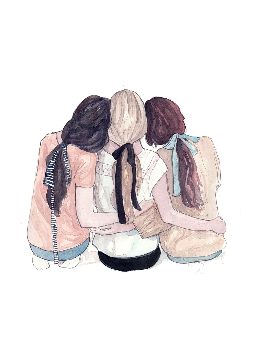 Watercolor Illustration of Three Friends Sitting Together with Arms Around Each Other HD phone wallpaper