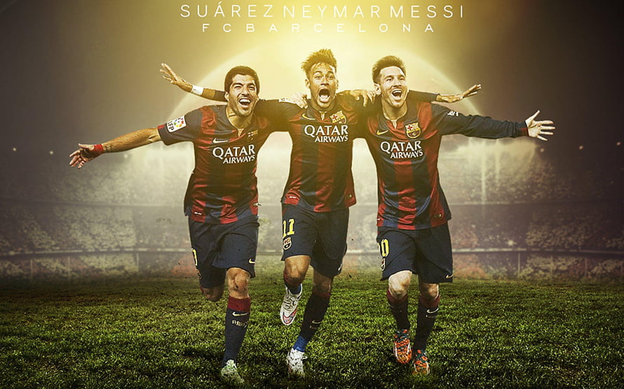MSN Trio: Messi, Suarez, and Neymar Celebrating in FC Barcelona Kits HD wallpaper