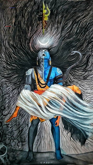 Angry Lord Shiva Mahakal with flowing hair and trident in dramatic dark illustration HD phone wallpaper