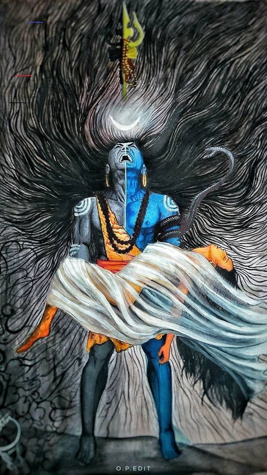 Angry Lord Shiva Mahakal with flowing hair and trident in dramatic dark illustration HD phone wallpaper