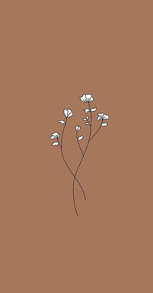 Minimalist White Flower Line Art on Warm Brown Background HD phone wallpaper