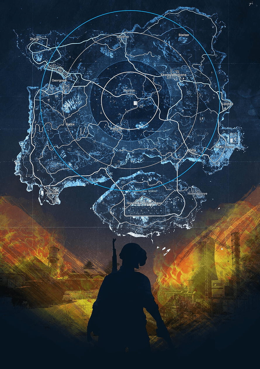 PUBG Mobile Erangel Map with Soldier Silhouette and Industrial Fire Scene HD phone wallpaper
