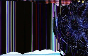 Abstract Glitch Art with Vertical Color Bars and Fractured Digital Sphere on Black Background HD wallpaper