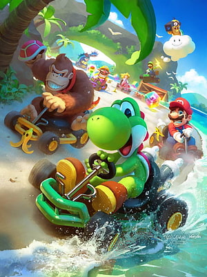 Yoshi and Mario Racing on a Tropical Beach in Mario Kart 64 HD phone wallpaper