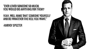 Harvey Specter in a dark suit with a bold quote about self-love and ambition HD wallpaper