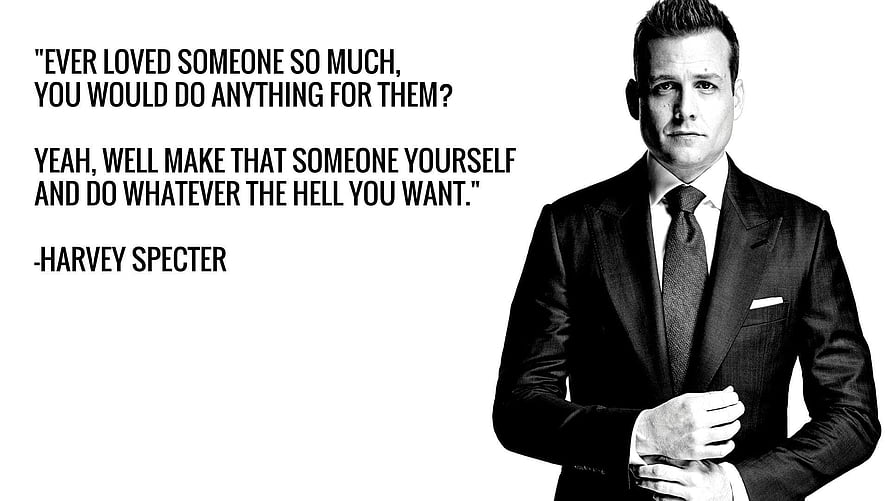 Harvey Specter in a dark suit with a bold quote about self-love and ambition HD wallpaper