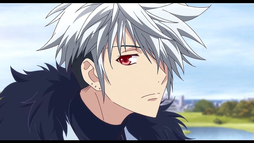 Silver-Haired Anime Male Character with Red Eyes and Fur Collar HD wallpaper