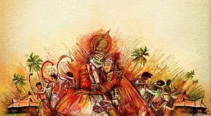 Kerala Cultural Illustration Featuring Traditional Dance and Music Performance HD wallpaper