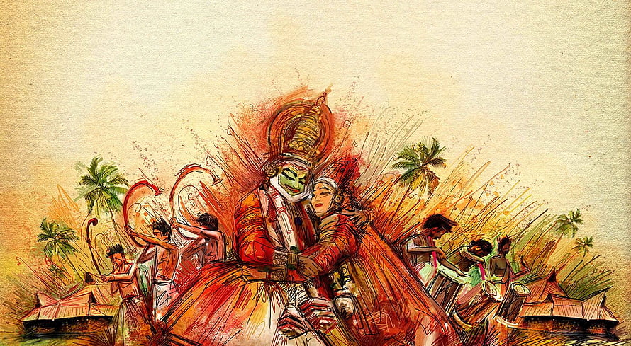 Kerala Cultural Illustration Featuring Traditional Dance and Music Performance HD wallpaper