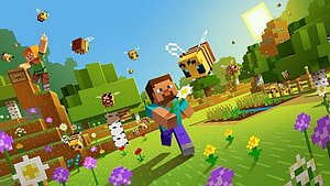 Minecraft Steve Holding Dandelion in Vibrant Beehive Garden with Blocky Bees and Flowers HD wallpaper