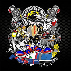 Biker Mechanic Illustration with Motorcycle Parts and Sneakers on Black Background HD phone wallpaper