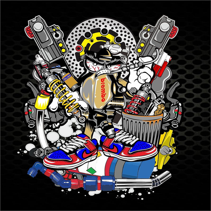 Biker Mechanic Illustration with Motorcycle Parts and Sneakers on Black Background HD phone wallpaper